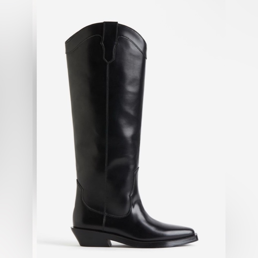 H&M Cowboy Black Leather Knee-High Boots